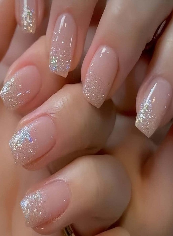 Foccna 24 Pcs Press on Nails Acrylic Square Fake Nails Nude with Design Full Cover Bling False Nails for Women Reusable Nail Kit Adhesive Tabs Nail File - Image 1